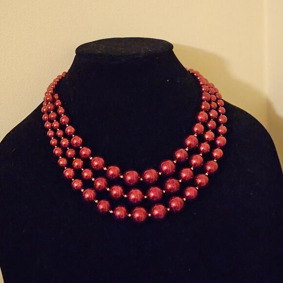 Charter Club Red Imitation Pearl Three-Row Collar Necklace ~ Statement Office - Picture 4 of 6
